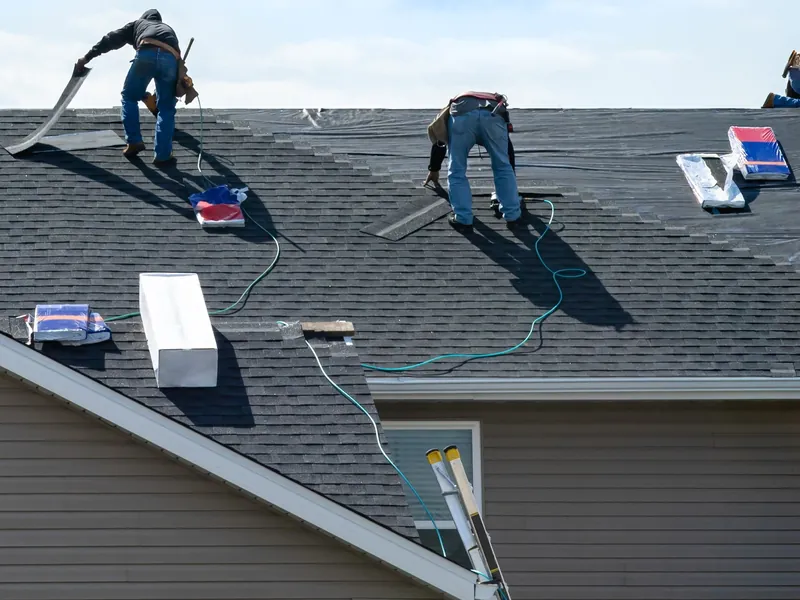 Roofers working across a pitched roof